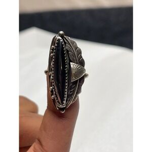 JB Vintage Navajo Sterling Silver Black Onyx Leaf Statement Ring Handcrafted Sz7